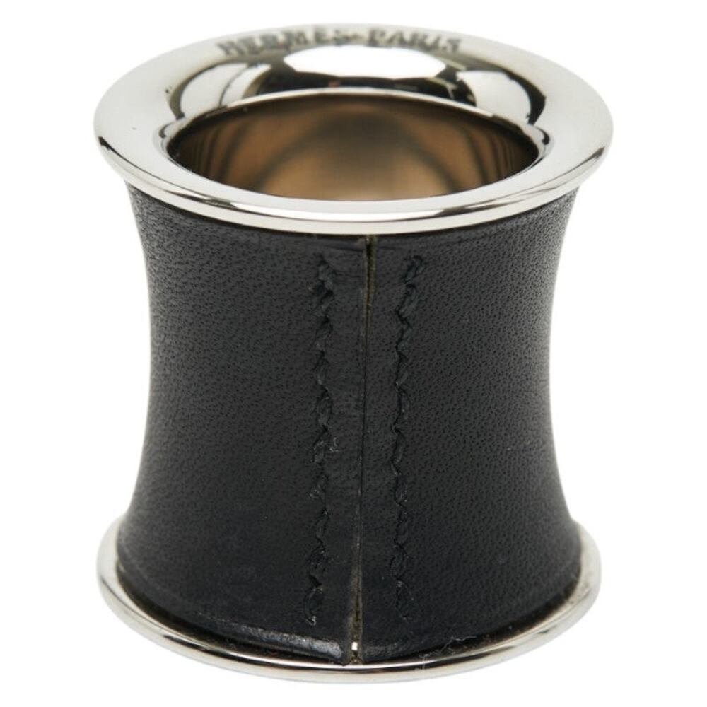Hermes Cylinder Scarf Ring Metal Leather Silver